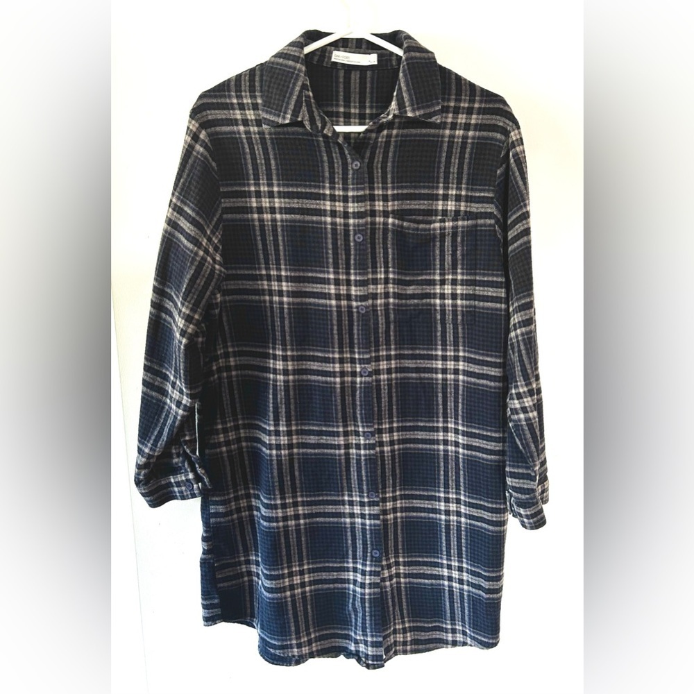 OAK + FORT Black and White Checkered Flannel Shirt Dress - Picture 2 of 6